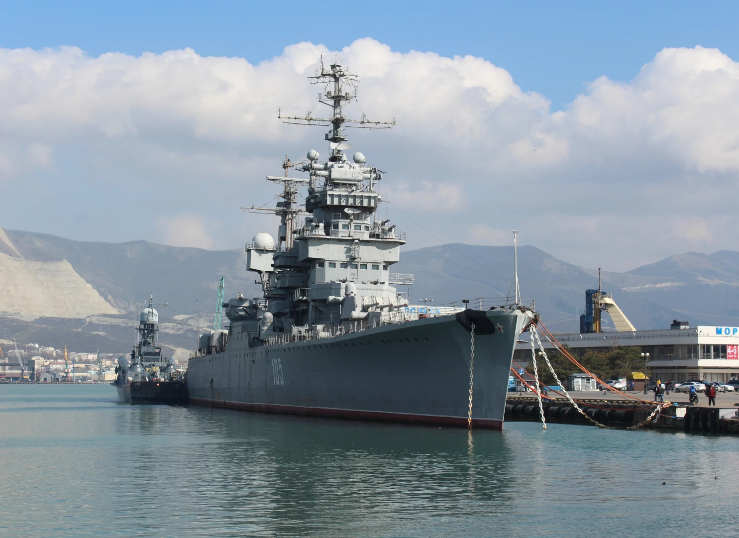 Naval vessel docked in port for governmental and defense operations
